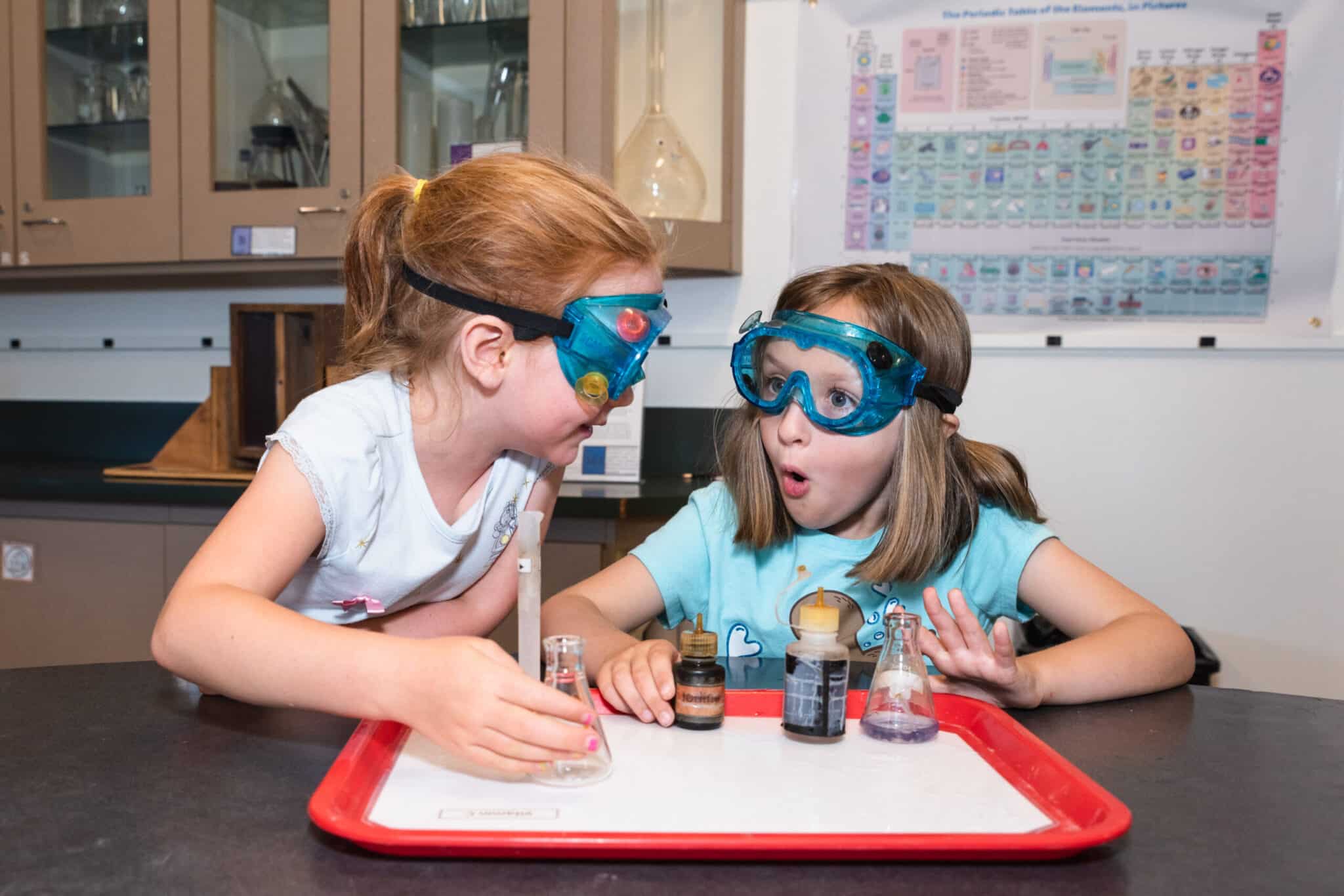 Two students running chemistry experiments.