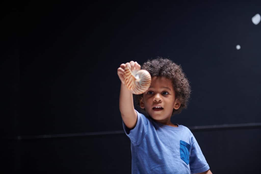 A young child with curly hair holds a seashell, wearing a blue shirt,, exploring OMSI's Science Playground.