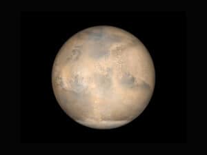 A simulated view of Mars as it would be seen from the Mars Global Surveyor spacecraft. Photo Credit: NASA