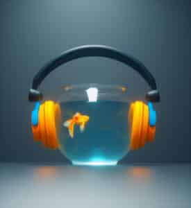 Headphones and a bowl of fish. This is a 3d render illustration