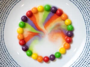circle of skittles on a plate with water, colors bleeding off of candy and mixing together