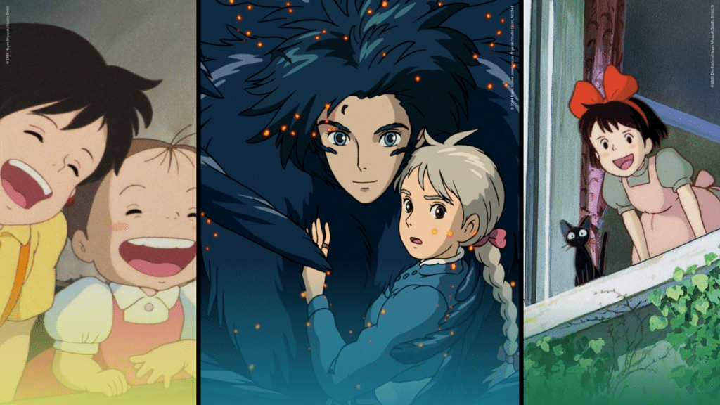 Collage of Studio Ghibli films, featuring Howl and Sophie from Howl's Moving Castle