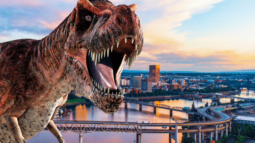 Tyrannosaurs roaring in front of the Portland, OR skyline