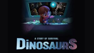 Celeste sitting on her bed playing with dinosaur toys by moonlight while dinosaurs look through her window.