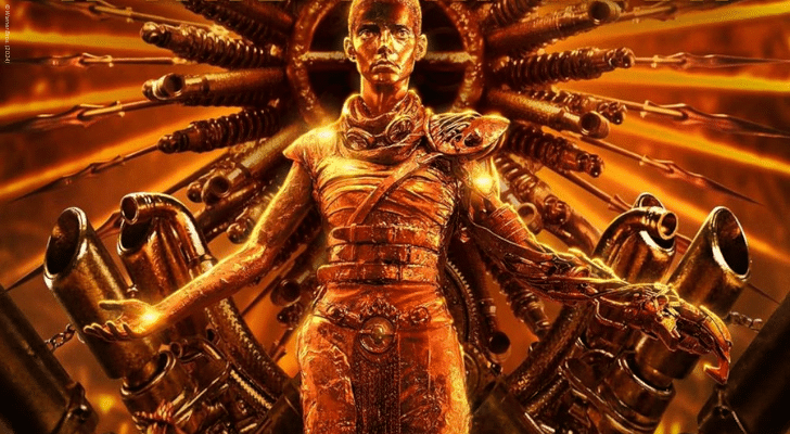 Photo of golden Furiosa in front of exhaust pipes arranged to look like a halo, cover art from Furiosa: A Mad Max Saga