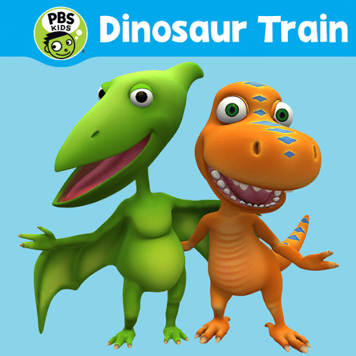 Promotional image from PBS's show Dinosaur Train showing two animated dinosaurs hugging.