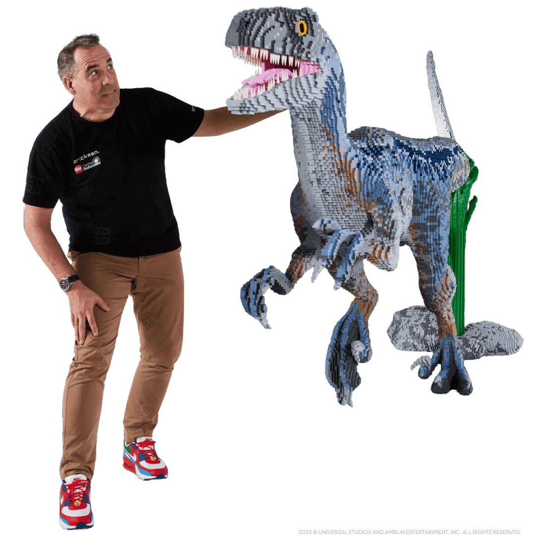 Man with LEGO velociraptor