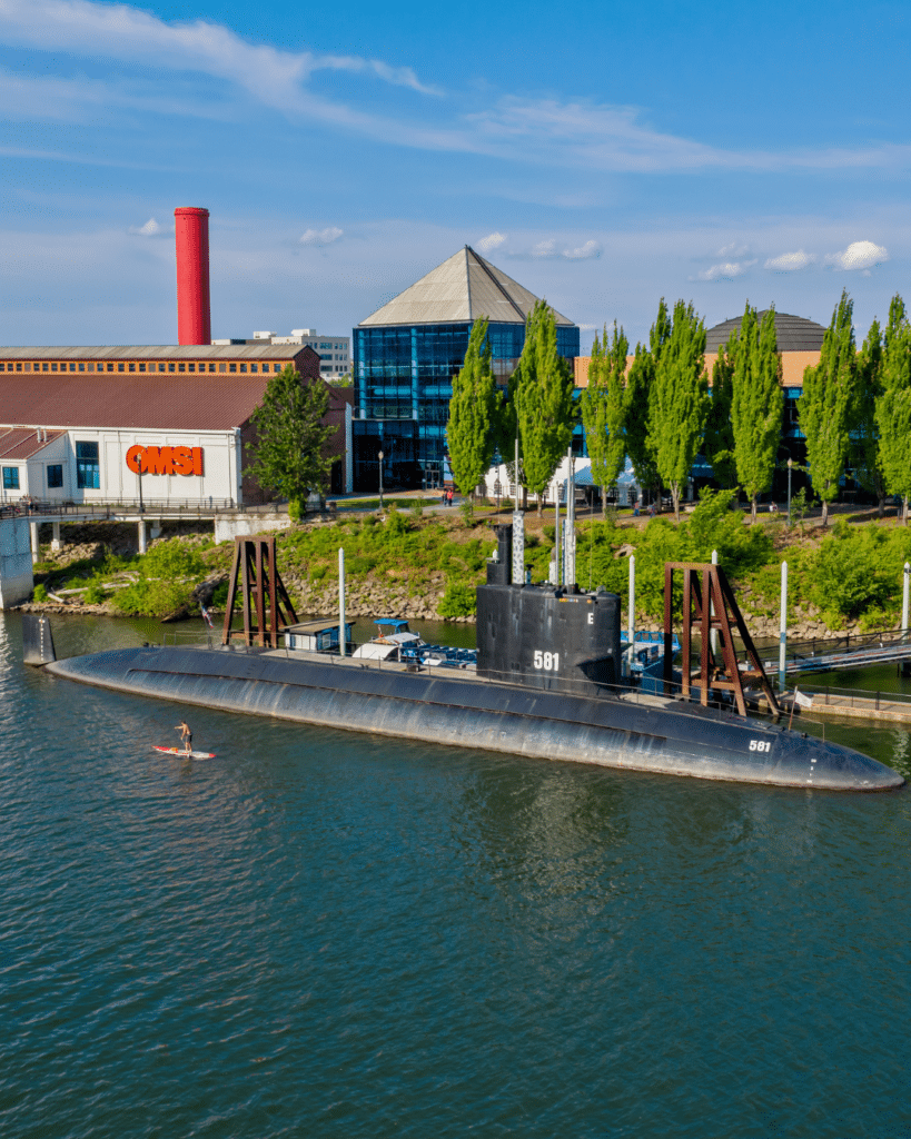 Aerial view of OMSI and USS Blueback Submarine