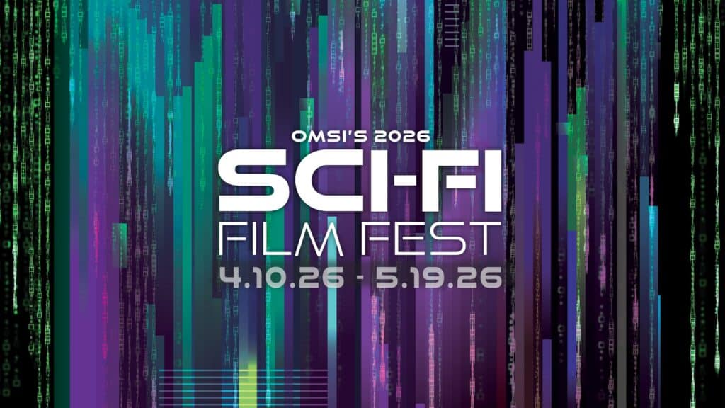 Colorful digital lines cascade down a dark background with text 