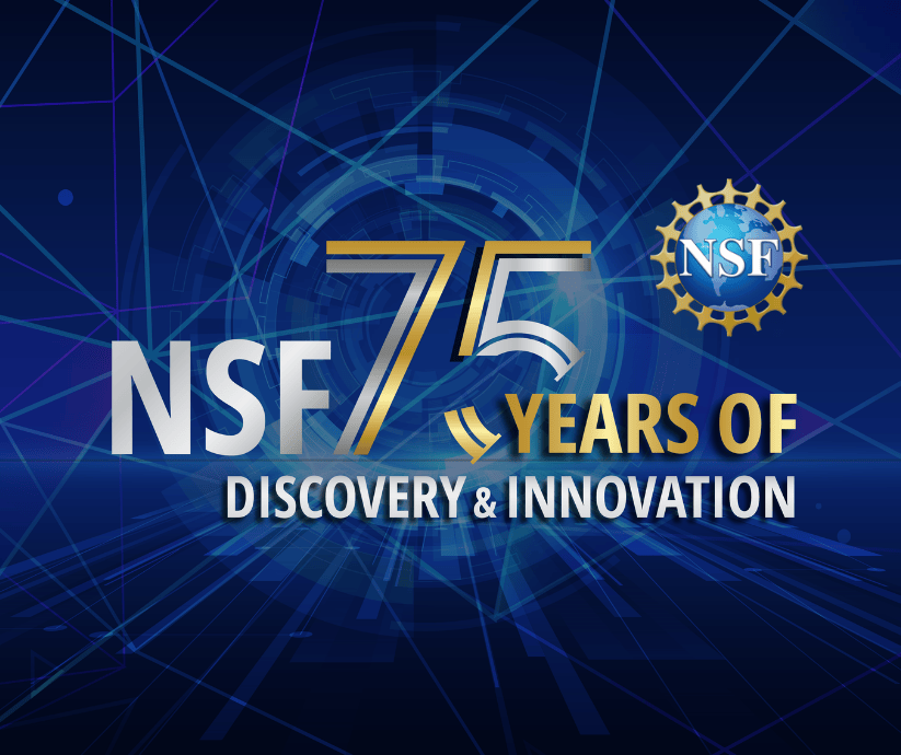 futuristic blue background with lasers and concentric circles with text reading "NSF 75 years of discovery & innovation"