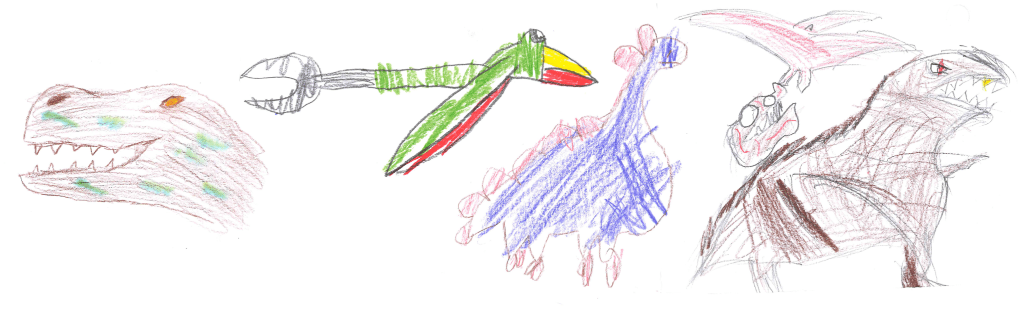 Drawings of dinosaurs made by kids in OMSI's Discovery Lab
