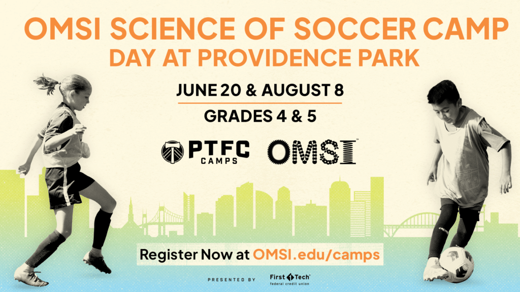 Graphic for OMSI's Science of Soccer camp showing two young soccer players and the Portland skyline.