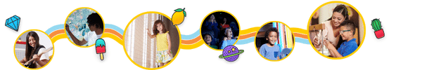 Graphic with colorful waves and enamel pins of different icons next to round photos of guests enjoying OMSI
