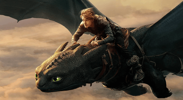 Blonde Viking man riding a black dragon with green eyes through the clouds