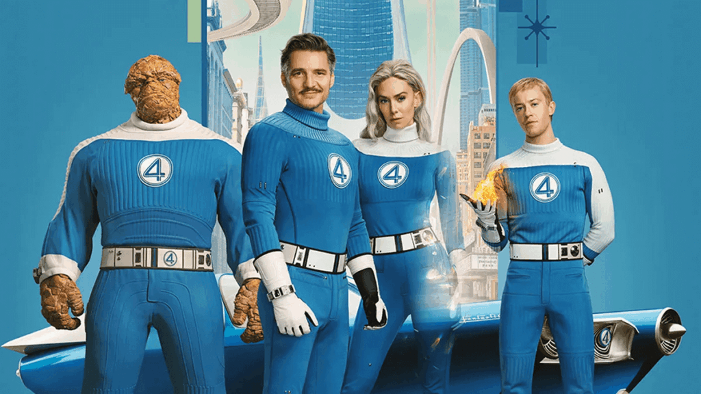 The Fantastic Four members standing posing in front of a futuristic console
