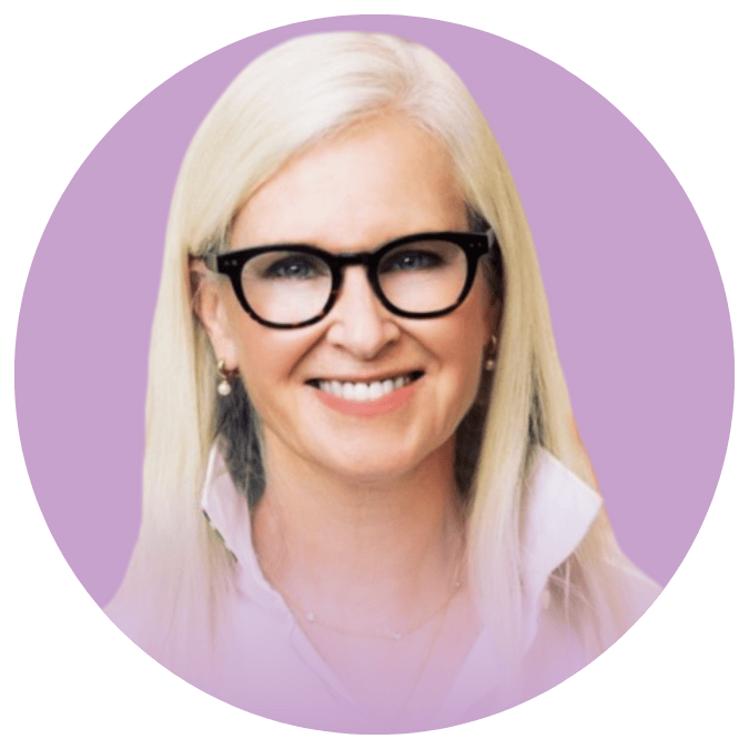 Headshot of a woman with straight blonde hair and black glasses