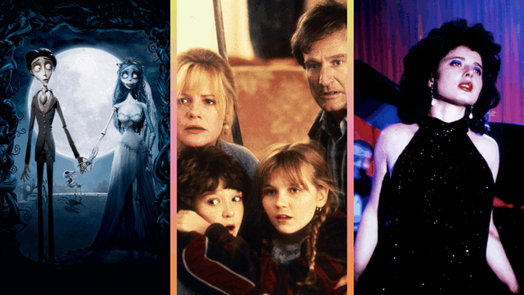 A collage of three film scenes: left, animated characters from Corpse Bride holding hands in a moonlit scene; center, family from Jumanji looks startled; right, woman from Blue Velvet in a black dress stands dramatically lit.