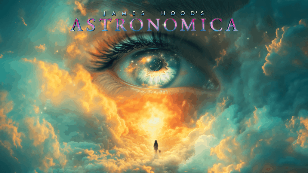 A giant eye with a galaxy in its iris peers through swirling clouds. Below, a solitary figure walks toward light. Text reads 