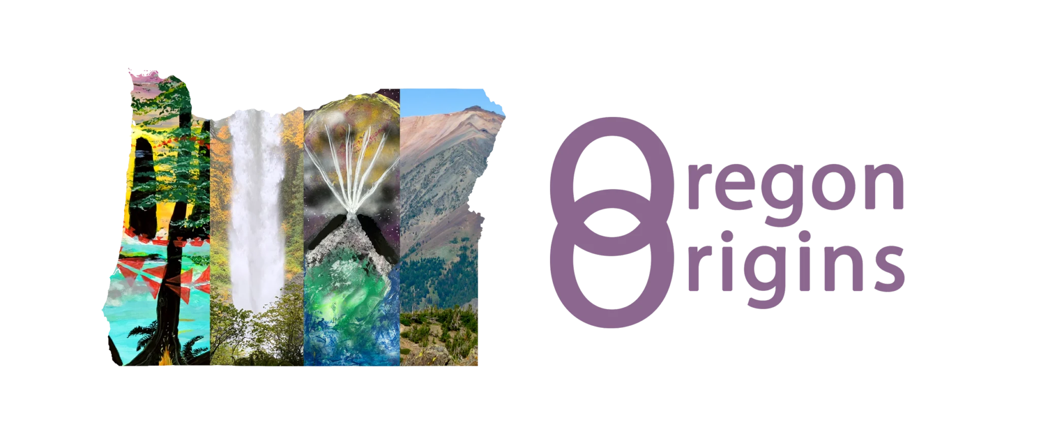 logo for the oregon origins project with an image of multiple native american images in the shape of oregon