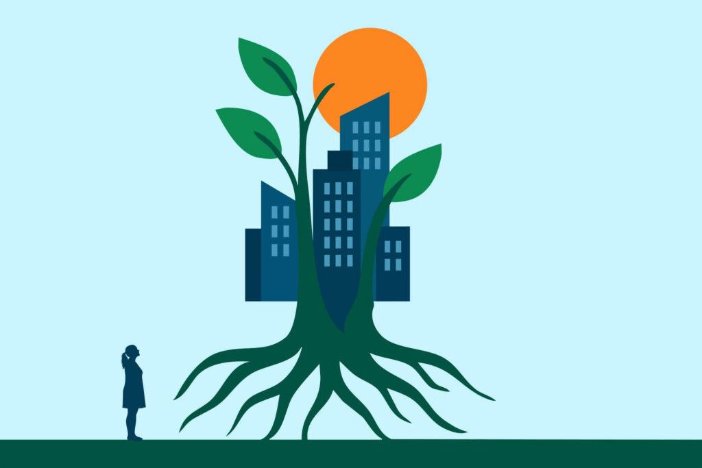 A person looks up at a cityscape integrated with a tree, featuring roots and leaves. The sun sets behind the skyline. The scene signifies urban growth and nature.