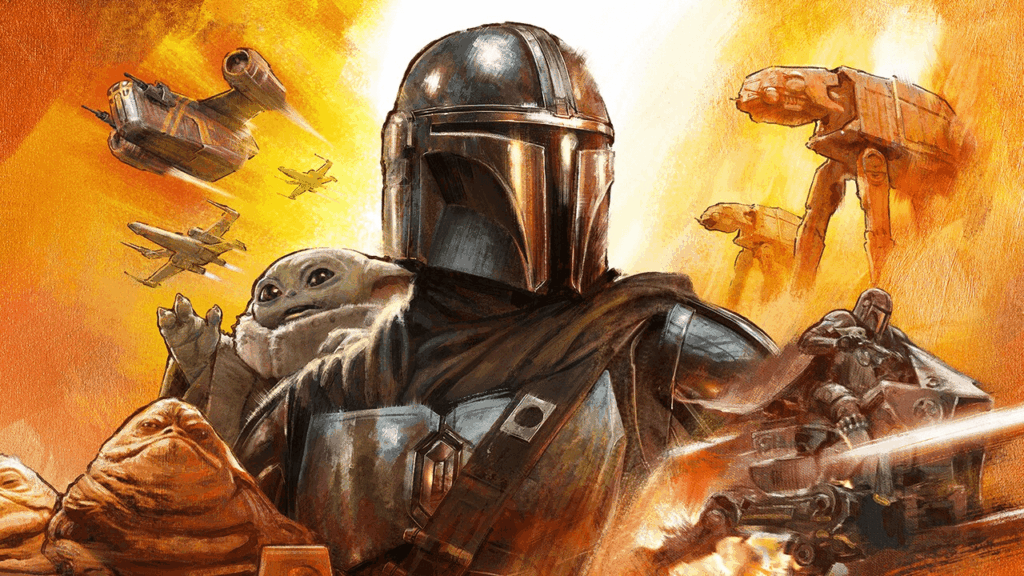 Artist drawing for the film Star Wars: The Mandalorian and Grogu. Helmeted mandalorian warrior in armor holds a small green creature amidst a sci-fi battle scene, featuring starships and walkers, set against a vibrant, fiery background.