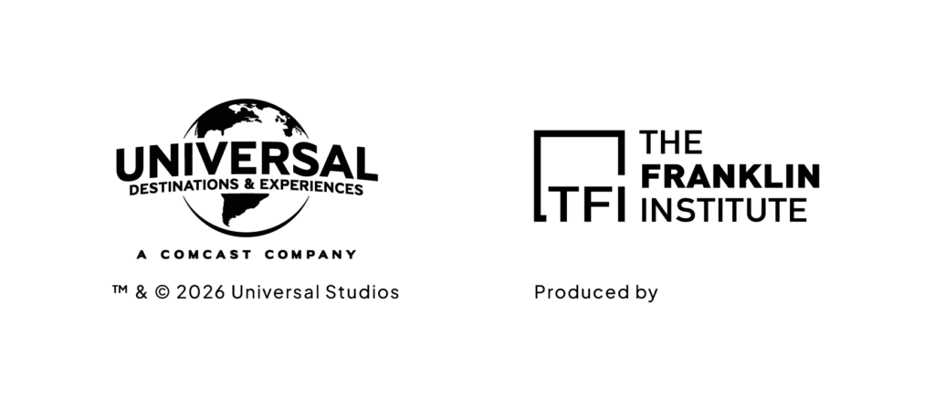 A logo for Universal Destination and Experiences, a Comcast Company and the Franklin Institute, in black