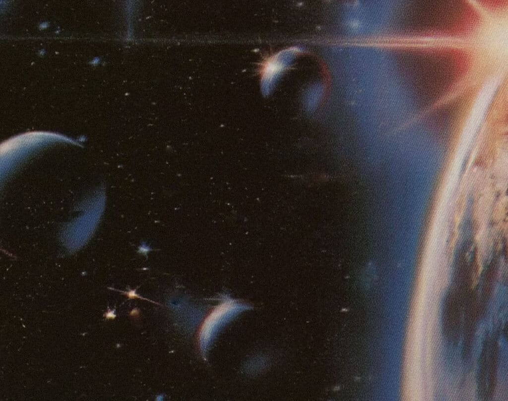 A promo image for the planetarium listening experience of Phoebe Bridger's new album Lost Weekend. The image has a retro inspired look at planets, moon, and space.