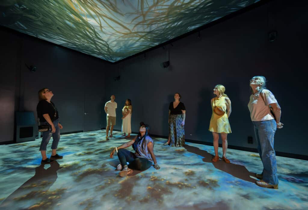 Various adults are looking at the ceiling of the Sit Spot in interest and awe. The ceiling depicts grass from a perspective that feels like the viewer is looking through the grass from within.