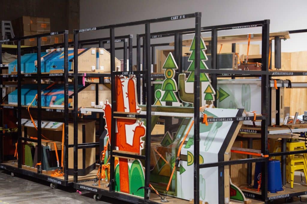 Inside OMSI's EXLAB, the traveling exhibition "Animationland" is stored on large rolling carts.