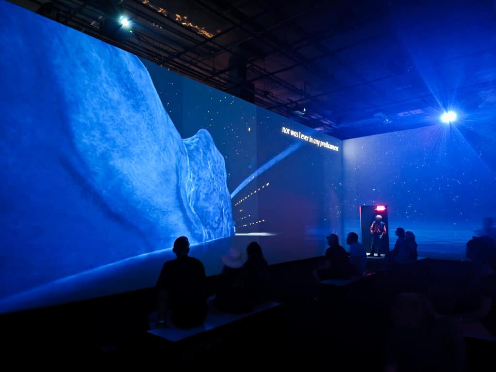 MeyerPro's immersive gallery displays an up close image of the ice berg that sank the Titanic in the night. Text on screen reads, 