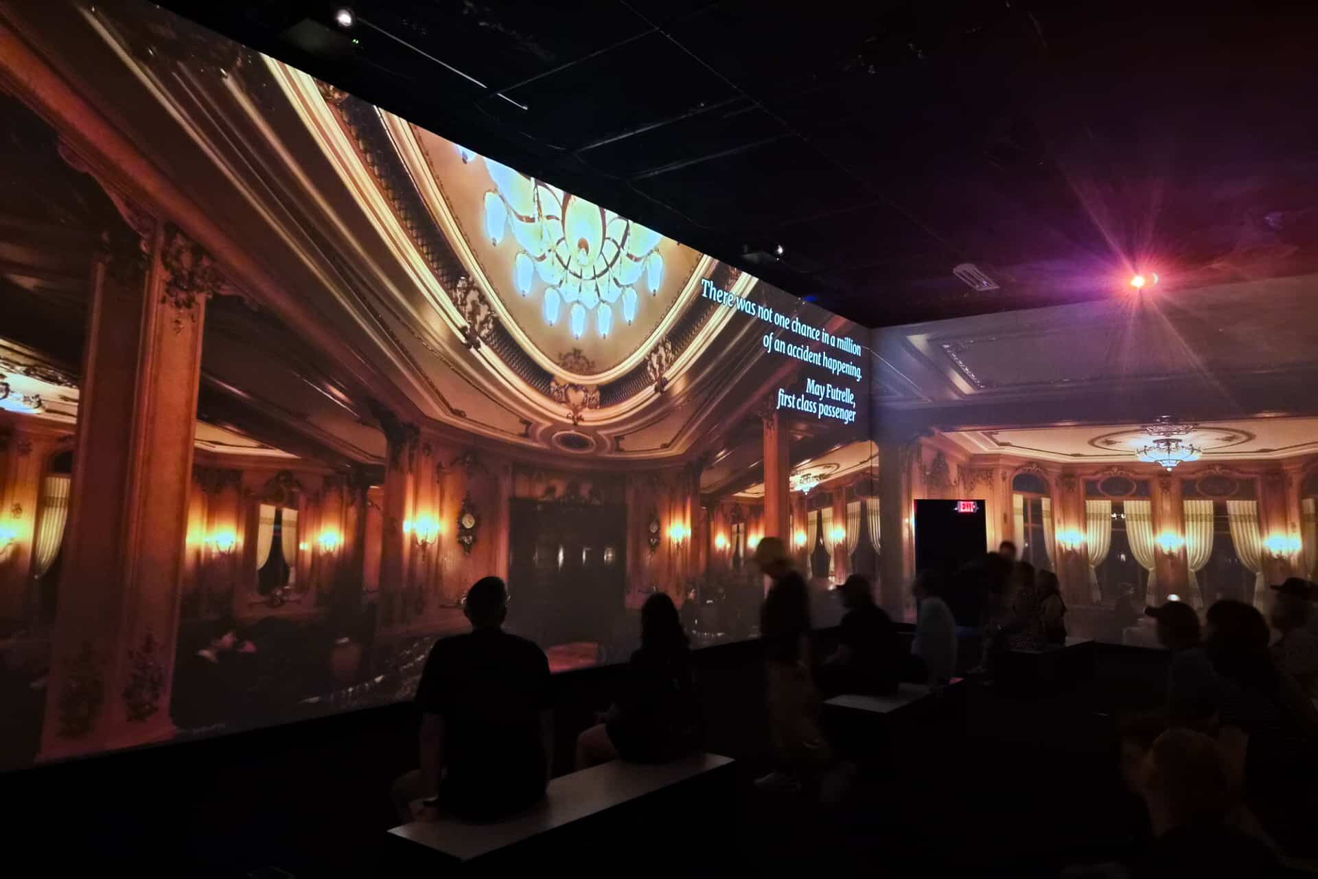 MeyerPro's immersive gallery displays the extravagent architecture inside the Titanic. A quote from May Futrelle, first class passenger, on screen reads, "There was not one chance in a million of an accident happneing."