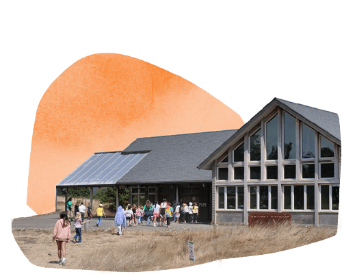 An image of an OMSI camp meeting building with kids walking into it. There is an orange circle shape behind it