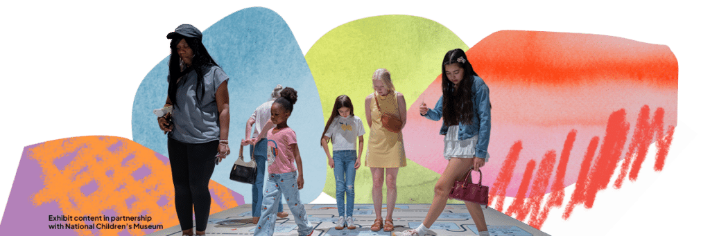 Several adults and children are interacting with an exhibit, and the image is cut out with colorful shapes and lines behind them in a warm graphic. There is small text that reads, 