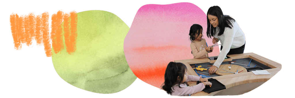 A family working on a hands-on experiment with an organic, circle red, yellow shape and orange brush stroke behind them