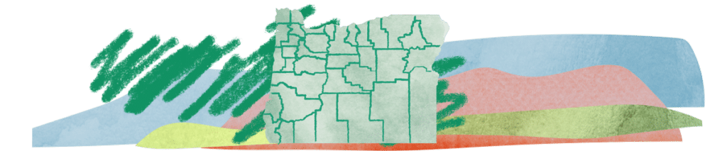 An illustration of the state of Oregon and its counties, with a green brush mark, and yellow, blue, and pink shapes behind it