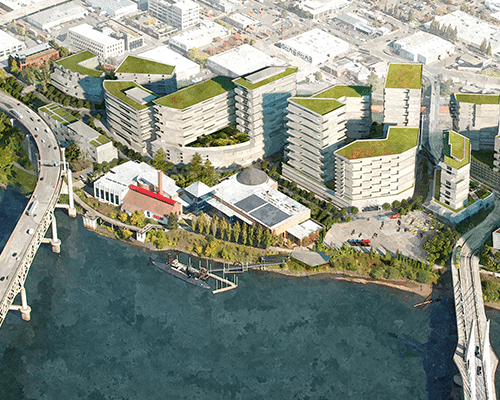 A rendering of the future OMSI District in SE Portland from above