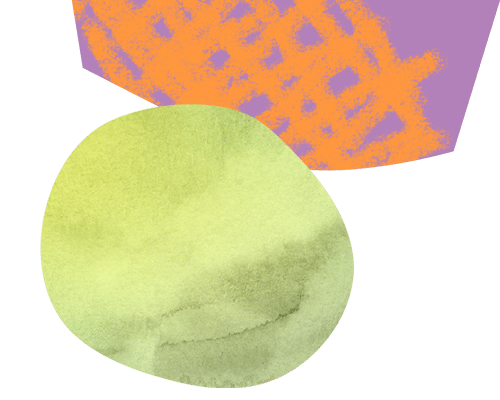 An illustration of a yellow circle, and a purple natural shape with orange brush strokes on it